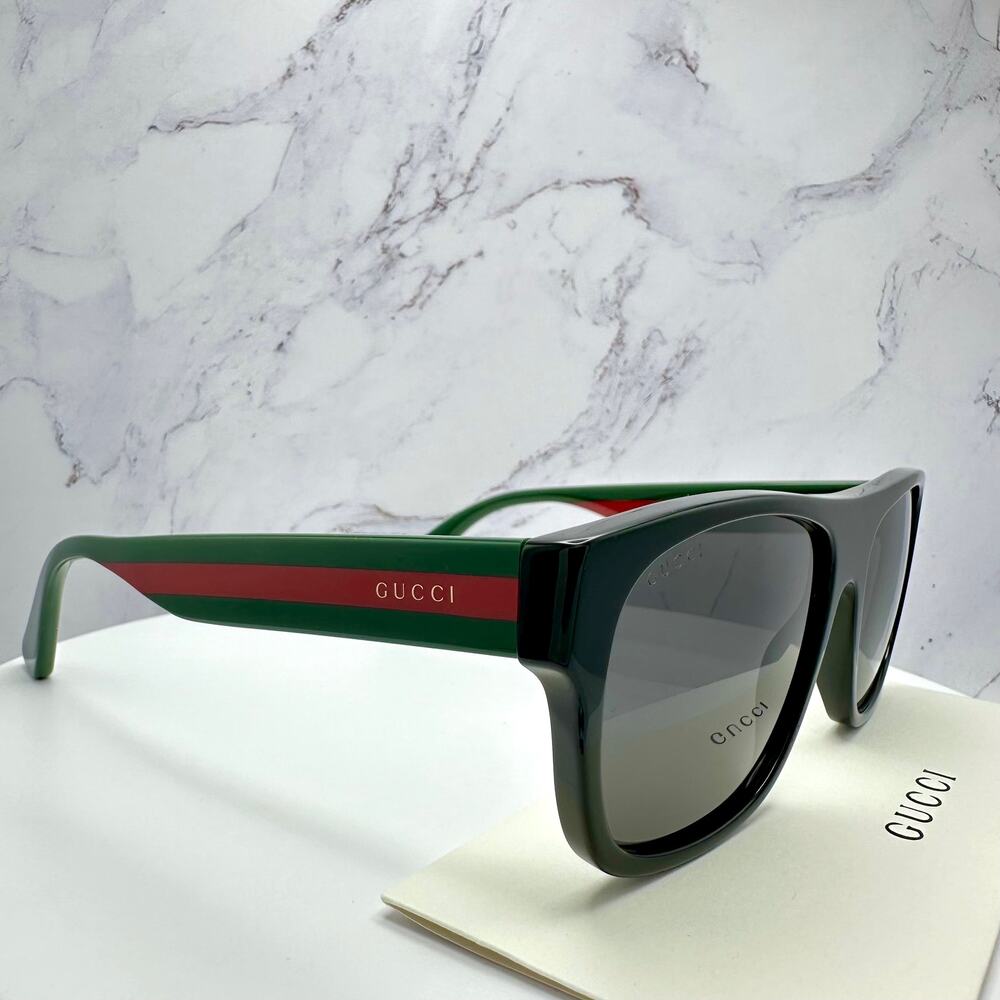 New Gucci Sunglasses Polarized Black Square Red Green Web Arms 56mm Gray Lens - Picture 12 of 15
